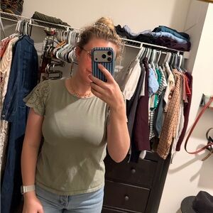 Ann Taylor Sage Green Lace Sleeve Tee